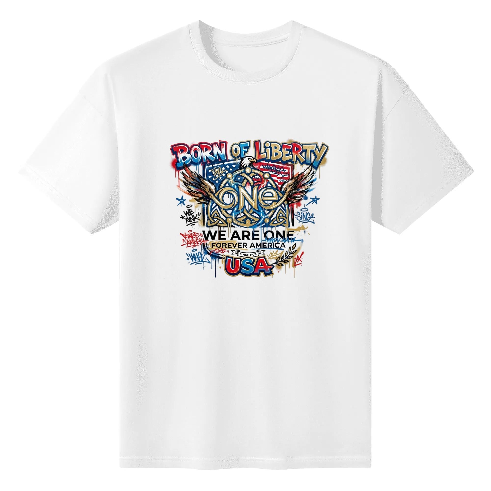 Flat lay white cotton short sleeve tee with Born of Liberty We Are One Forever America USA Eagle graffiti flag print, vintage patriotic mens graphic t-shirt blank background