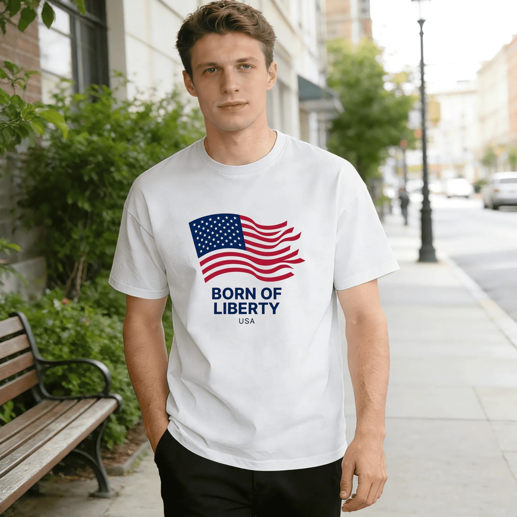 Male model outdoor street look wearing white Born of Liberty USA Wavy American Flag Graphic Short Sleeve T-shirt, Patriotic 4th of July Men’s Cotton Casual Tee
