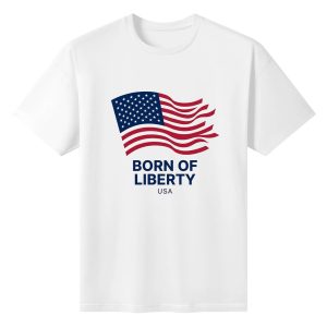 Flat lay blank background white crew neck tee with wavy USA flag & Born of Liberty USA text print, minimalist patriotic American men’s cotton graphic t-shirt