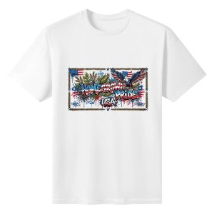 Plain white crew neck tee flat lay, framed graffiti Homegrown Pride USA print with bald eagle, corn crop and American flag details vintage patriotic t-shirt