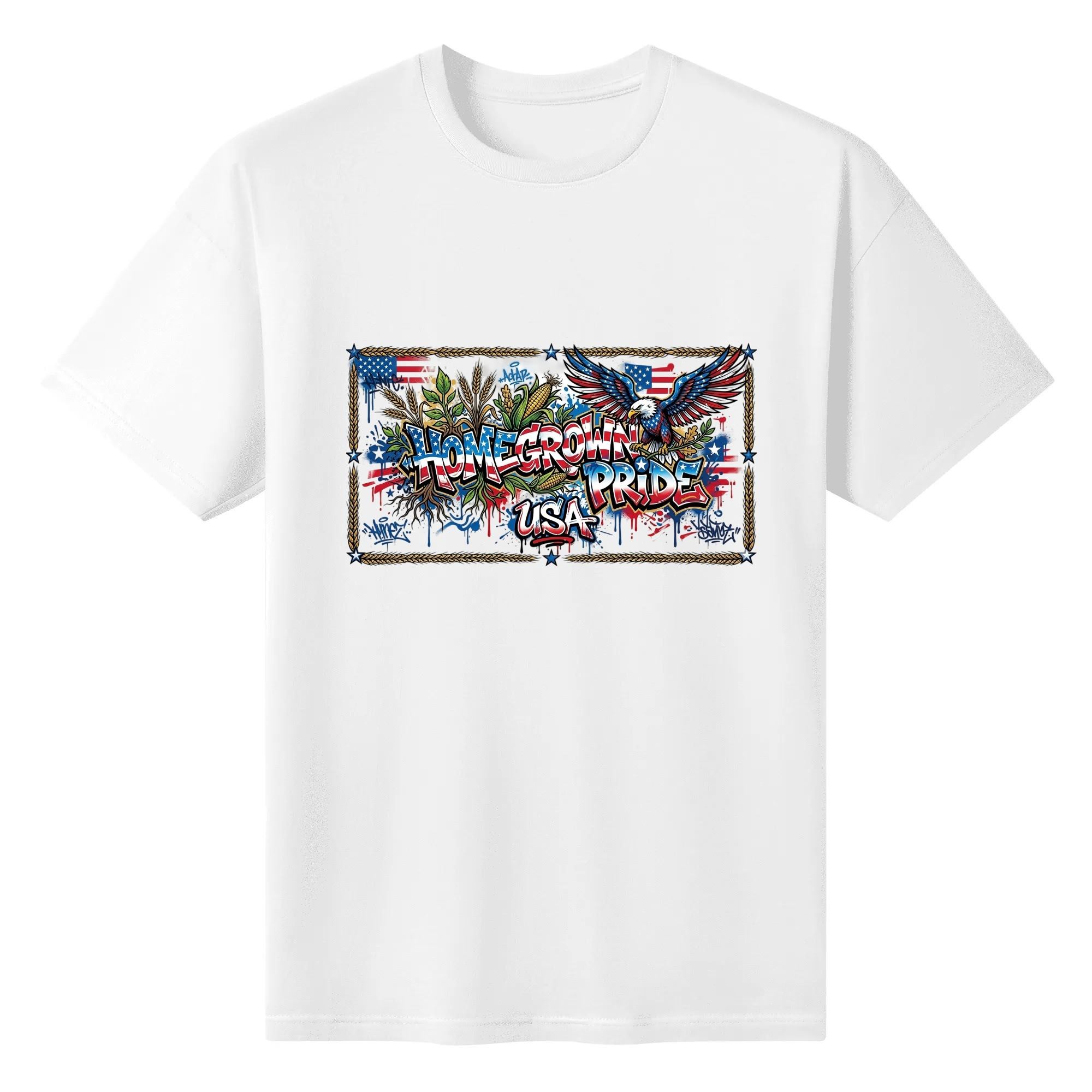 Plain white crew neck tee flat lay, framed graffiti Homegrown Pride USA print with bald eagle, corn crop and American flag details vintage patriotic t-shirt