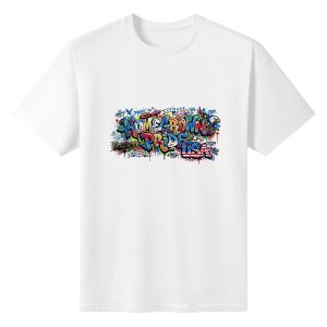 Flat lay blank background white crew neck tee with vibrant street graffiti Homegrown Pride USA eagle US flag print, vintage rural patriotic mens cotton graphic t-shirt
