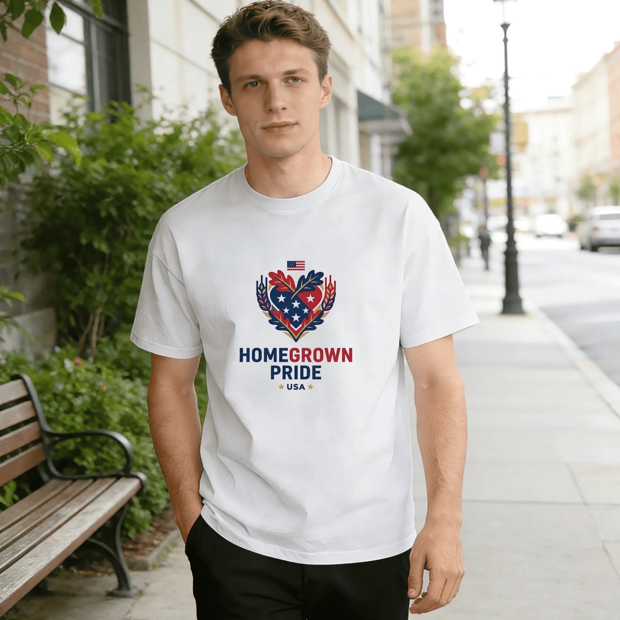 Male model street casual look wearing white Homegrown Pride USA heart star oak leaf small American flag print short sleeve cotton tee, rural patriotic 4th of July men’s casual shirt