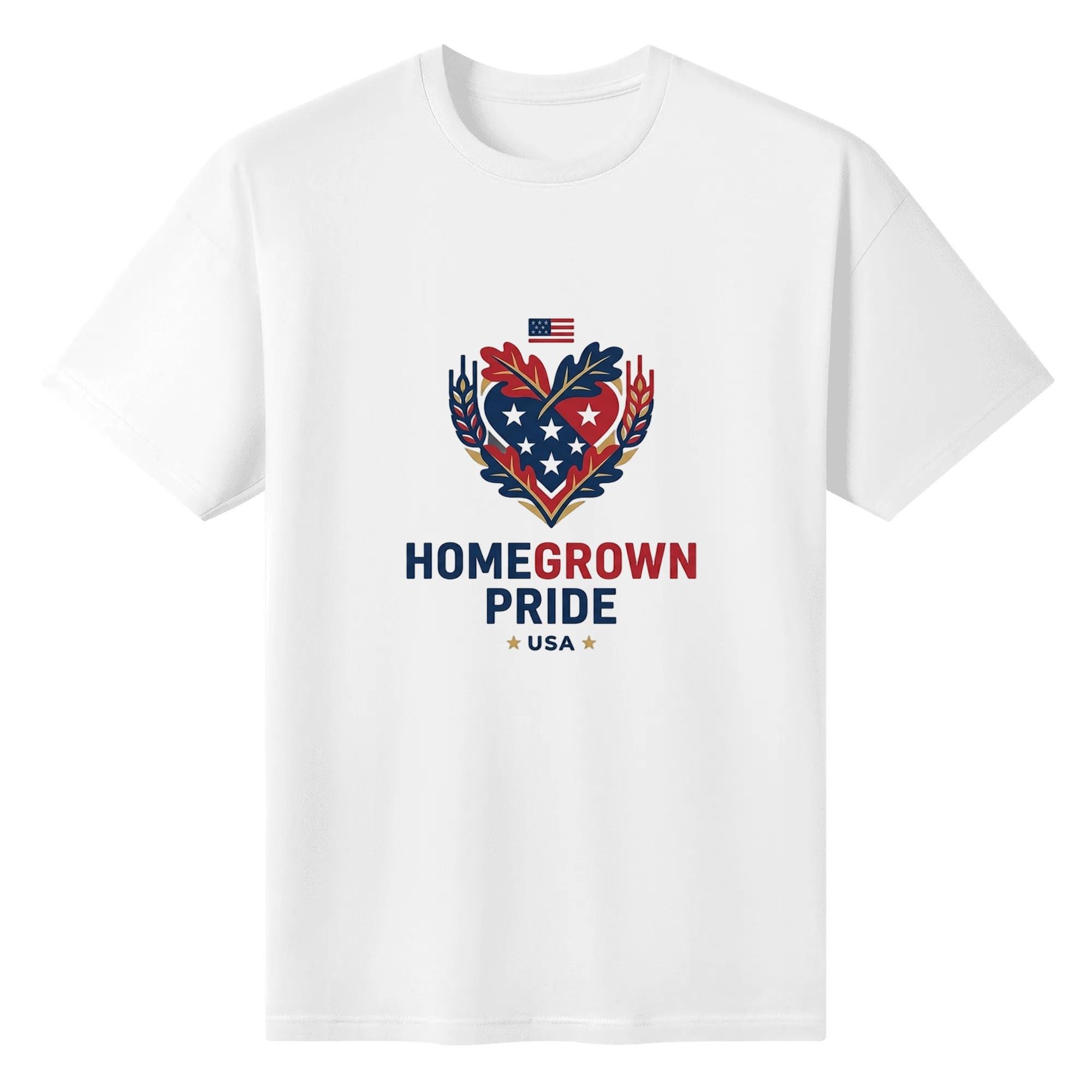 Flat lay white crew neck cotton tee with rustic heart-shaped US star flag oak wheat leaf & Homegrown Pride USA letter print, minimalist countryside patriotic graphic t-shirt