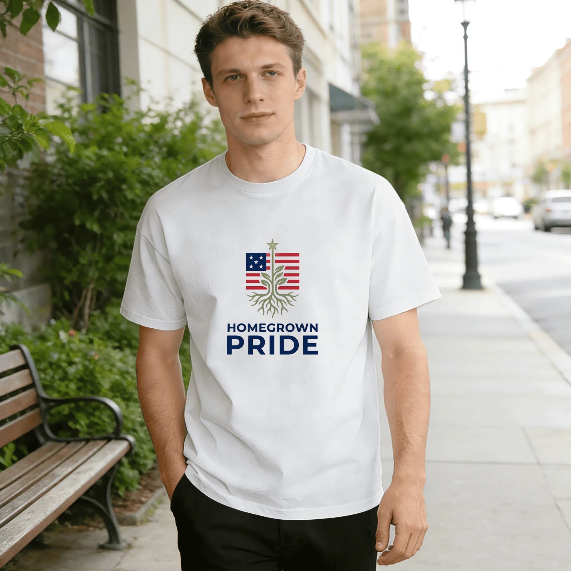 Male model street casual outfit with white Homegrown Pride rooted tree USA flag star print short sleeve cotton tee, rustic farm patriotic 4th of July men’s casual t-shirt