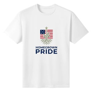 Flat lay blank background white crew neck tee with minimalist root sprout tree US flag and Homegrown Pride navy letter print, countryside patriotic mens cotton graphic tee