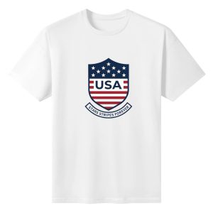 Flat lay blank white crew neck cotton tee with classic shield US flag USA letter & Stars Stripes Forever banner print, clean patriotic mens graphic t-shirt