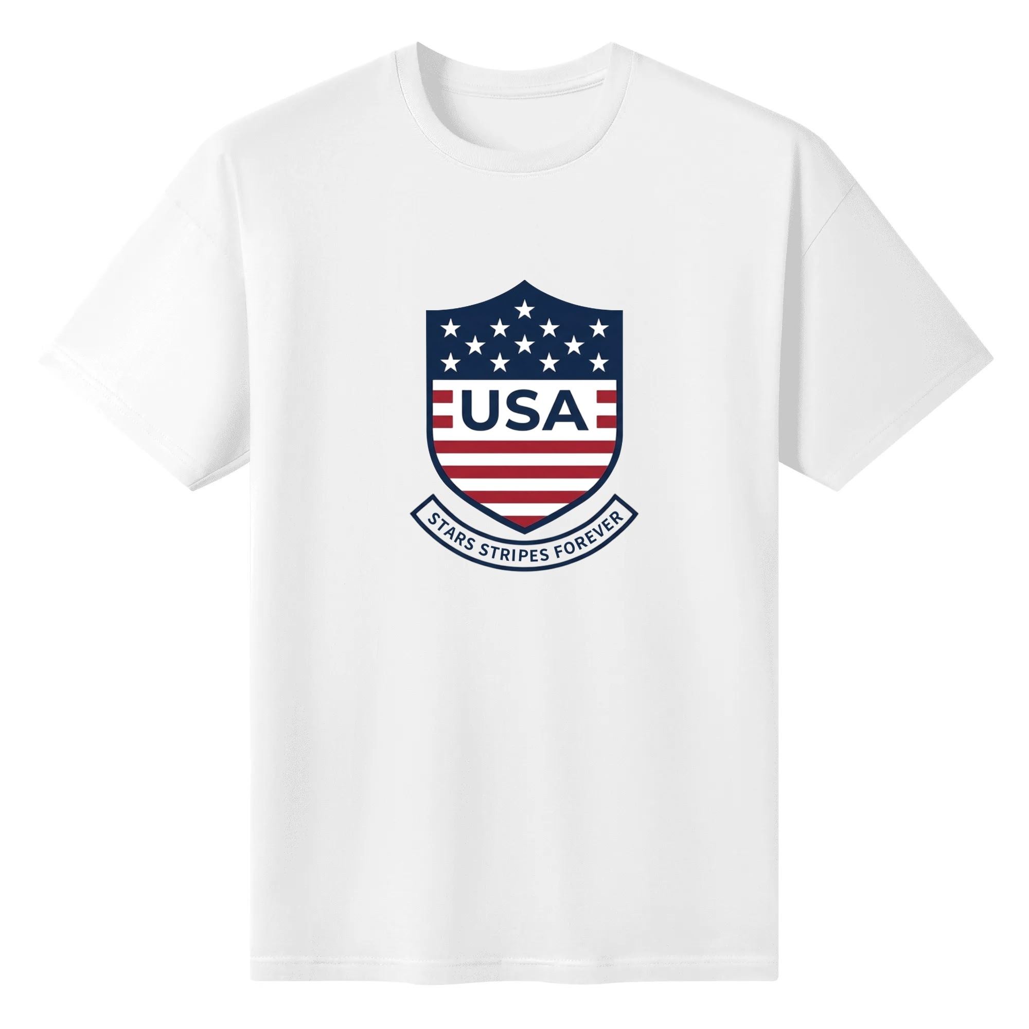 Flat lay blank white crew neck cotton tee with classic shield US flag USA letter & Stars Stripes Forever banner print, clean patriotic mens graphic t-shirt