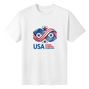 Plain white short sleeve cotton tee with 3D infinity US flag star graphic and USA Stars Stripes Forever front patriotic print
