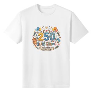 Flat lay blank white short sleeve cotton tee with whimsical colorful cartoon animal balloon wreath 250 Years Strong Resilience & Unity typography print, cute USA 250th casual graphic tee