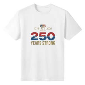 Blank white cotton short sleeve tee with vintage distressed red-blue 250 numeral, liberty bell and 1776-2026 patriotic typography front print