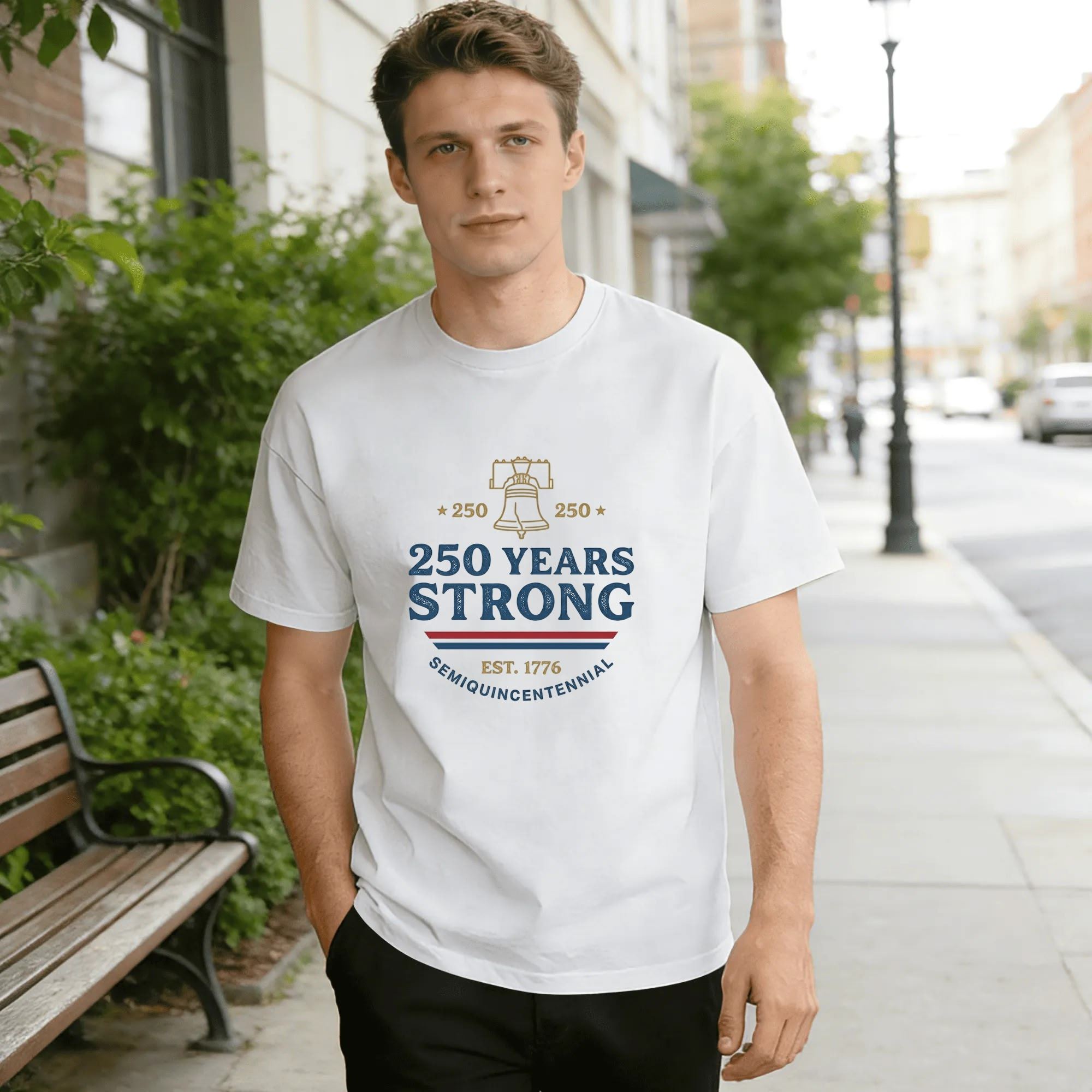 Young man outdoor street outfit wearing white crew neck tee with vintage serif Liberty Bell 250 Years Strong EST 1776 patriotic print, USA 250 anniversary everyday casual shirt