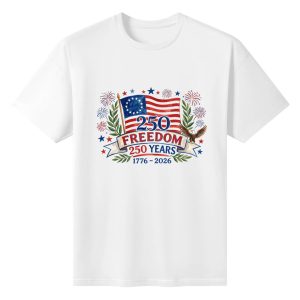 Plain white cotton short sleeve tee with watercolor vintage Betsy Ross flag, bald eagle & fireworks 250 Freedom Years front graphic print