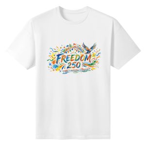 Plain white cotton short sleeve tee with multicolor watercolor eagle ribbon confetti “FREEDOM 250” front patriotic graphic print