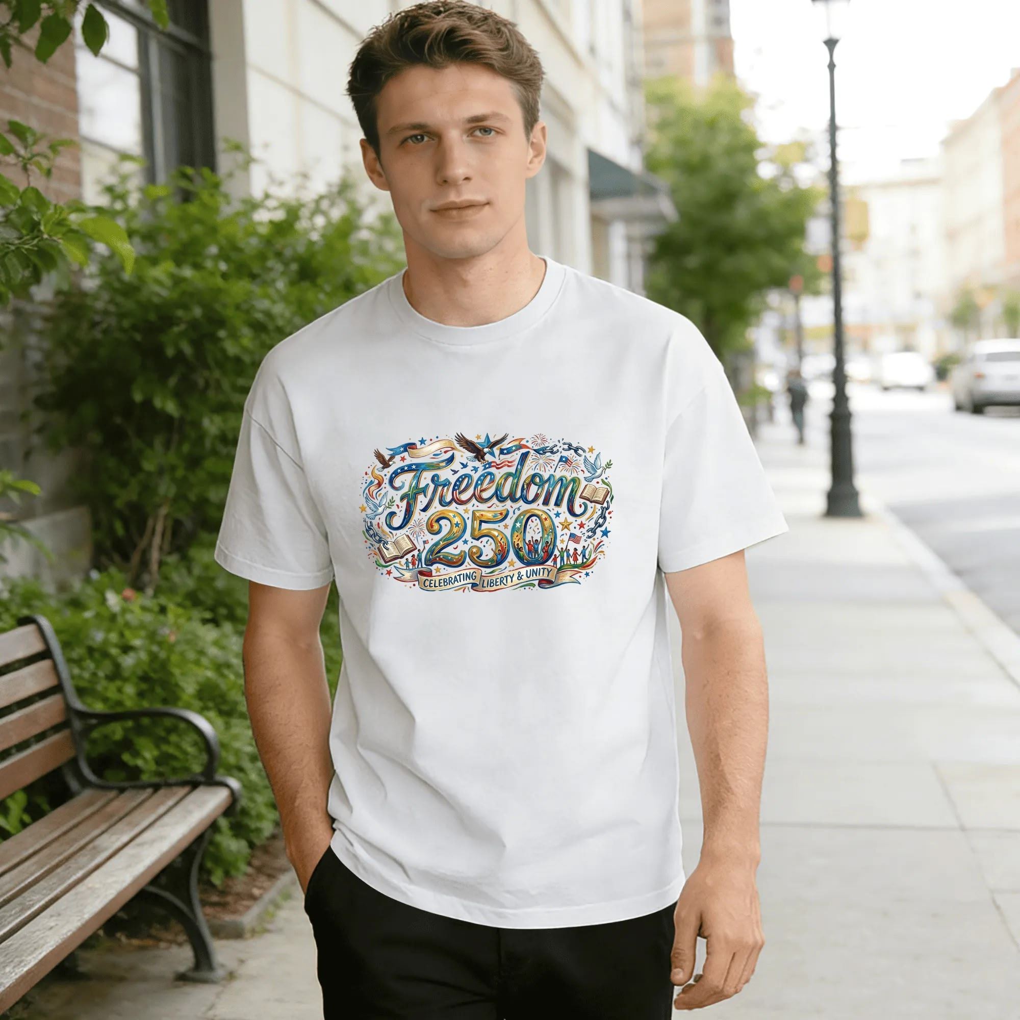 Male model wearing white crew neck cotton tee outdoors with ornate colorful Freedom 250 bald eagle peace dove fireworks vintage scroll patriotic print, USA 250th anniversary everyday casual top
