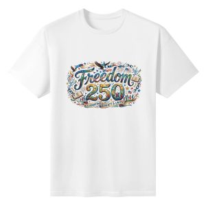 Plain white short sleeve cotton t-shirt with decorative multicolor Freedom 250 graphic featuring eagle, dove, fireworks, constitution book and “Celebrating Liberty & Unity” banner