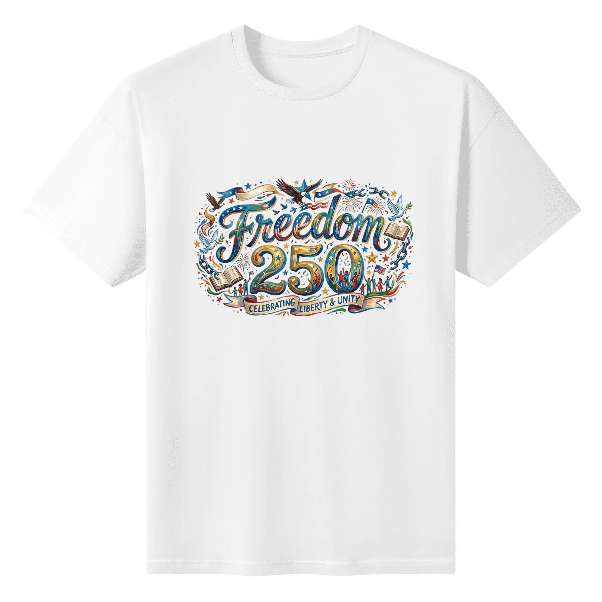 Plain white short sleeve cotton t-shirt with decorative multicolor Freedom 250 graphic featuring eagle, dove, fireworks, constitution book and “Celebrating Liberty & Unity” banner