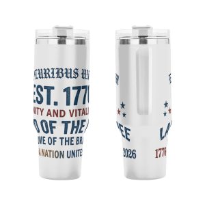 Front & side view of wrap-around USA 250th vintage patriotic font printed stainless steel tumbler with ergonomic handle, insulated outdoor drinking cup