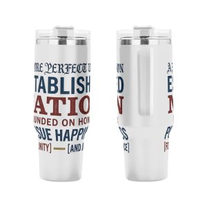 Front and side profile of full-wrap retro constitutional quote printed 40oz stainless steel tumbler with ergonomic grip handle, double-wall insulated patriotic drink cup