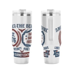 Front & side shot of full-wrap retro Faith Family Freedom eagle star wreath printed 40oz stainless steel tumbler with ergonomic grip handle, double-wall insulated patriotic outdoor drink cup
