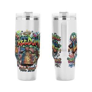 Front & side profile of full-wrap colorful street graffiti Freedom Ring eagle & liberty bell printed 40oz stainless tumbler with ergonomic handle, double-wall insulated patriotic outdoor drinking cup