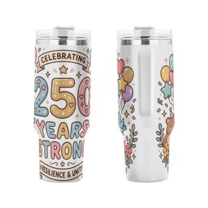 40oz white stainless steel handled tumbler with cute cartoon bear bird balloon floral 250 Years Strong Resilience & Unity full wrap print, USA 250th anniversary insulated travel mug