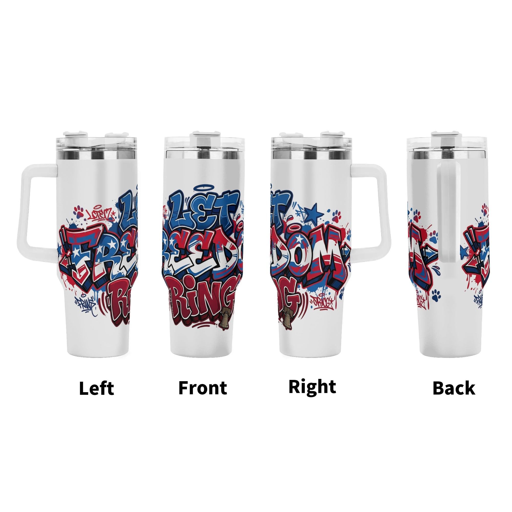 Four-side full wrap layout of street graffiti style Let Freedom Ring patriotic tumbler with US flag color typography, star and paw splash decor