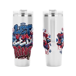 Front and back view of red blue graffiti patriotic full print stainless steel tumbler with Liberty Bell hidden detail