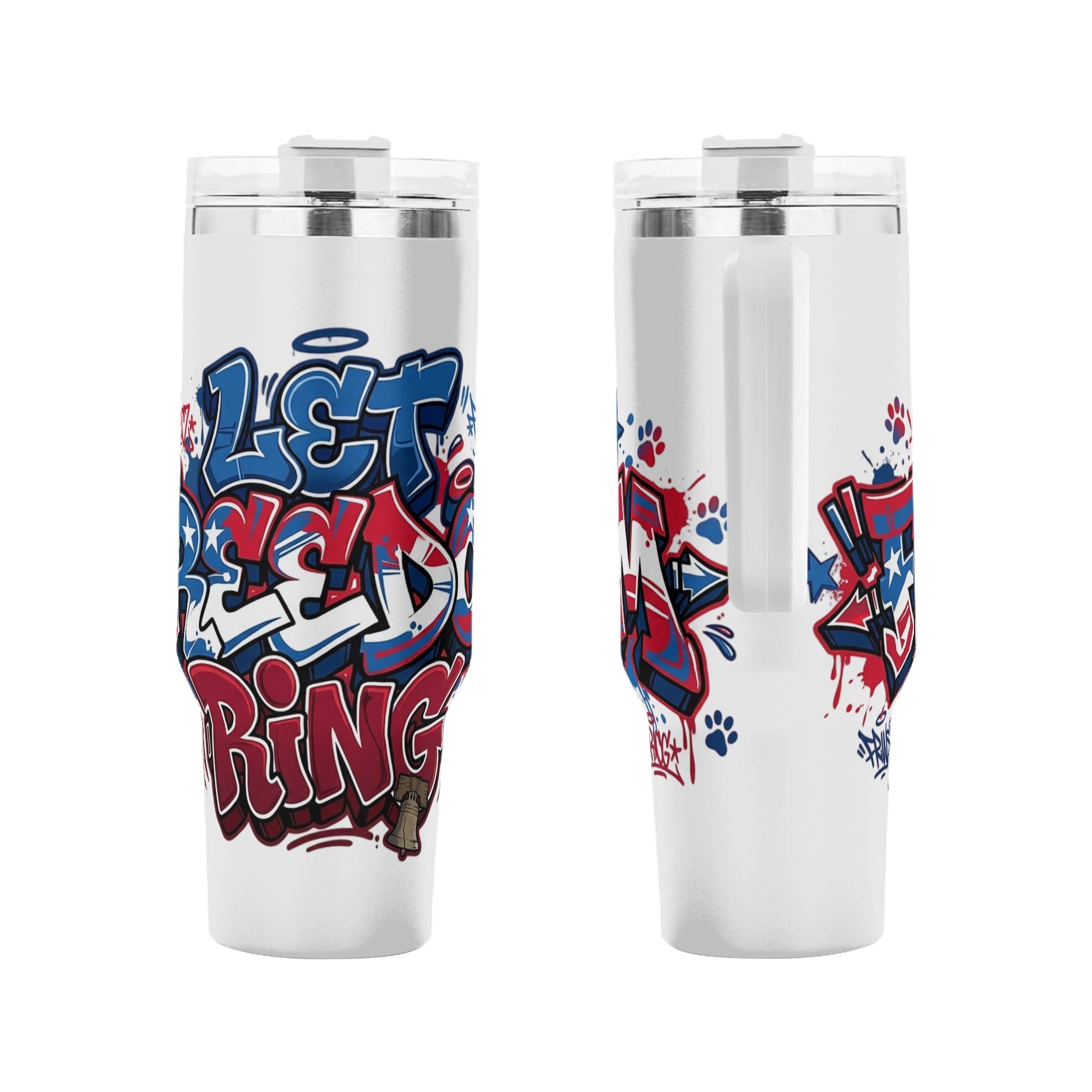 Front and back view of red blue graffiti patriotic full print stainless steel tumbler with Liberty Bell hidden detail