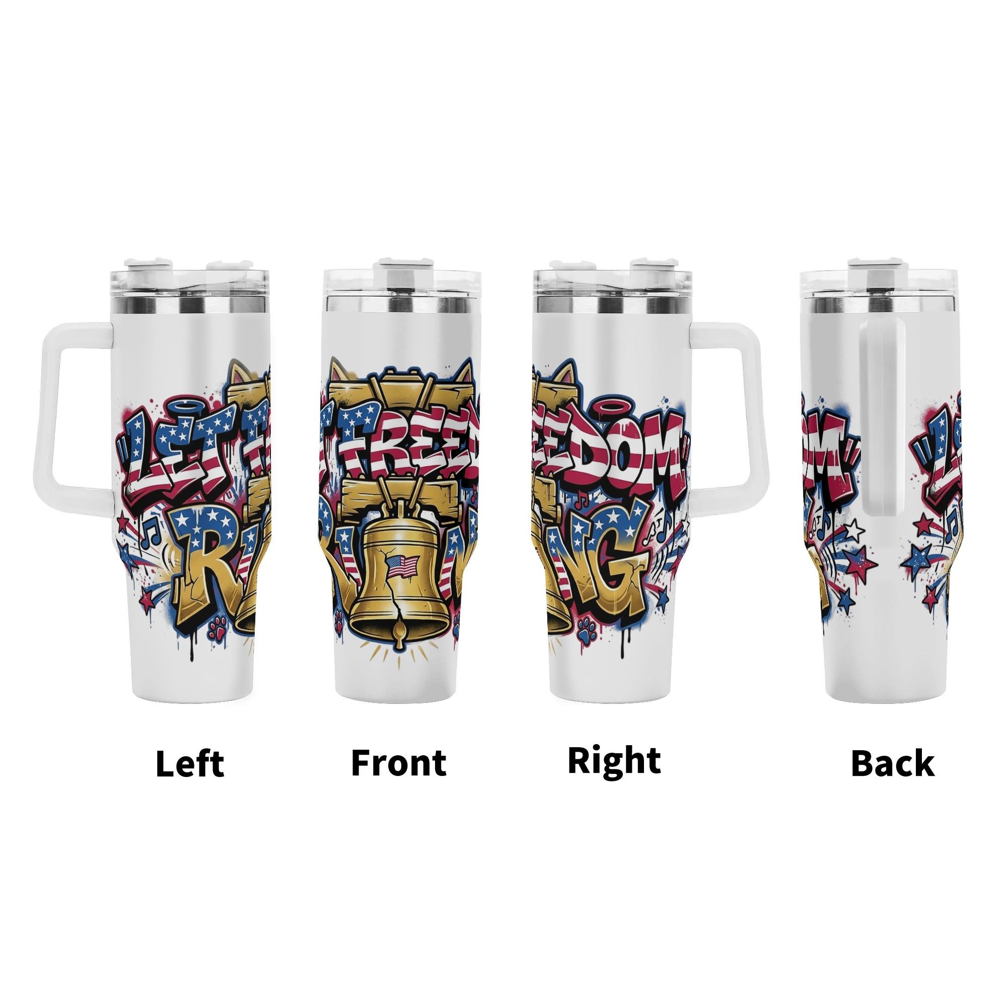 Four-side full wrap layout of graffiti-style Liberty Bell patriotic tumbler with USA flag colored letter, star and music note splash artwork