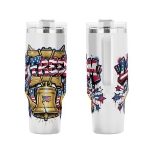 Front & back shot of full-print red white blue gold Liberty Bell Let Freedom Ring insulated stainless steel tumbler