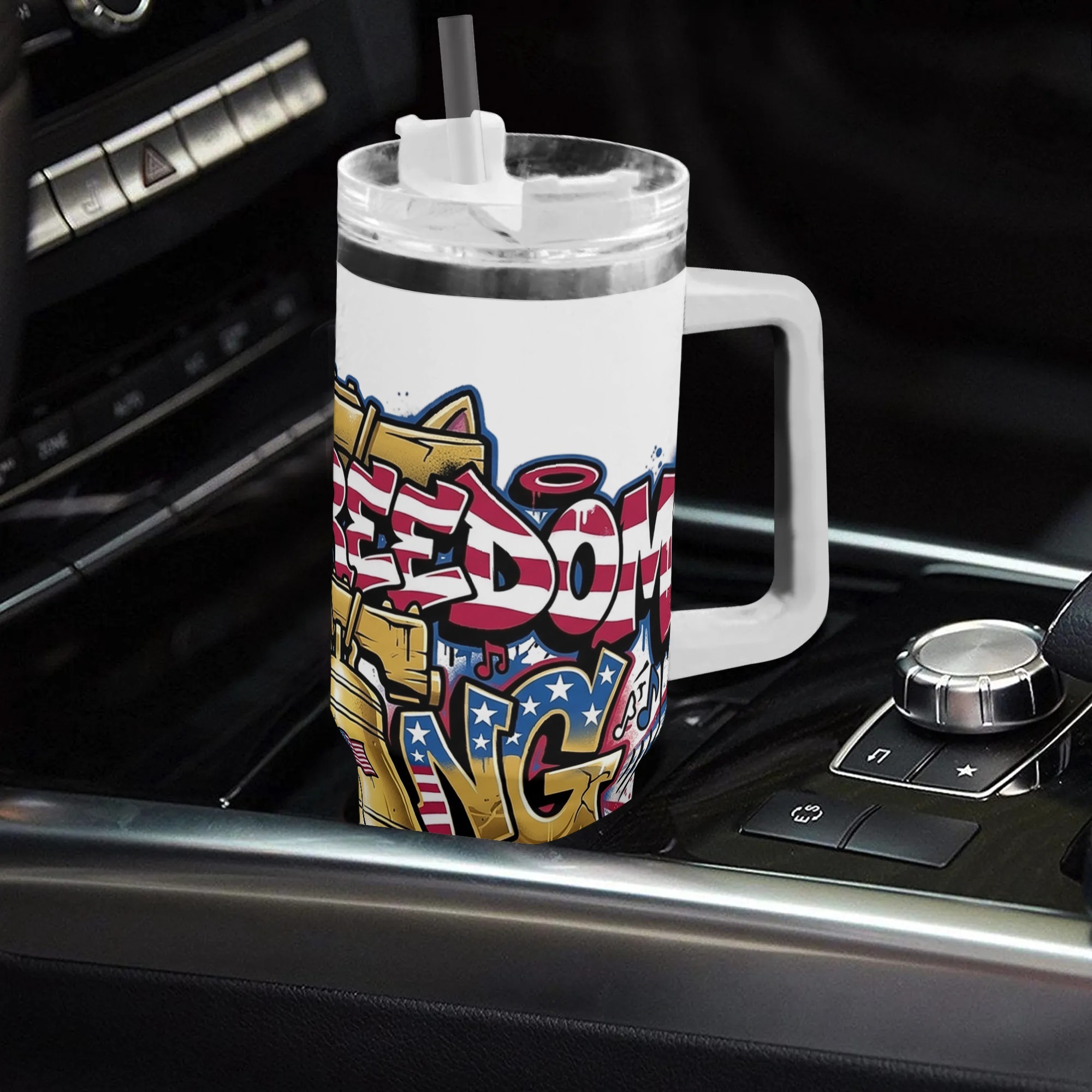 40oz handled stainless steel tumbler with full-wrap street graffiti Let Freedom Ring Liberty Bell US flag star print, patriotic insulated travel mug set inside car drink holder