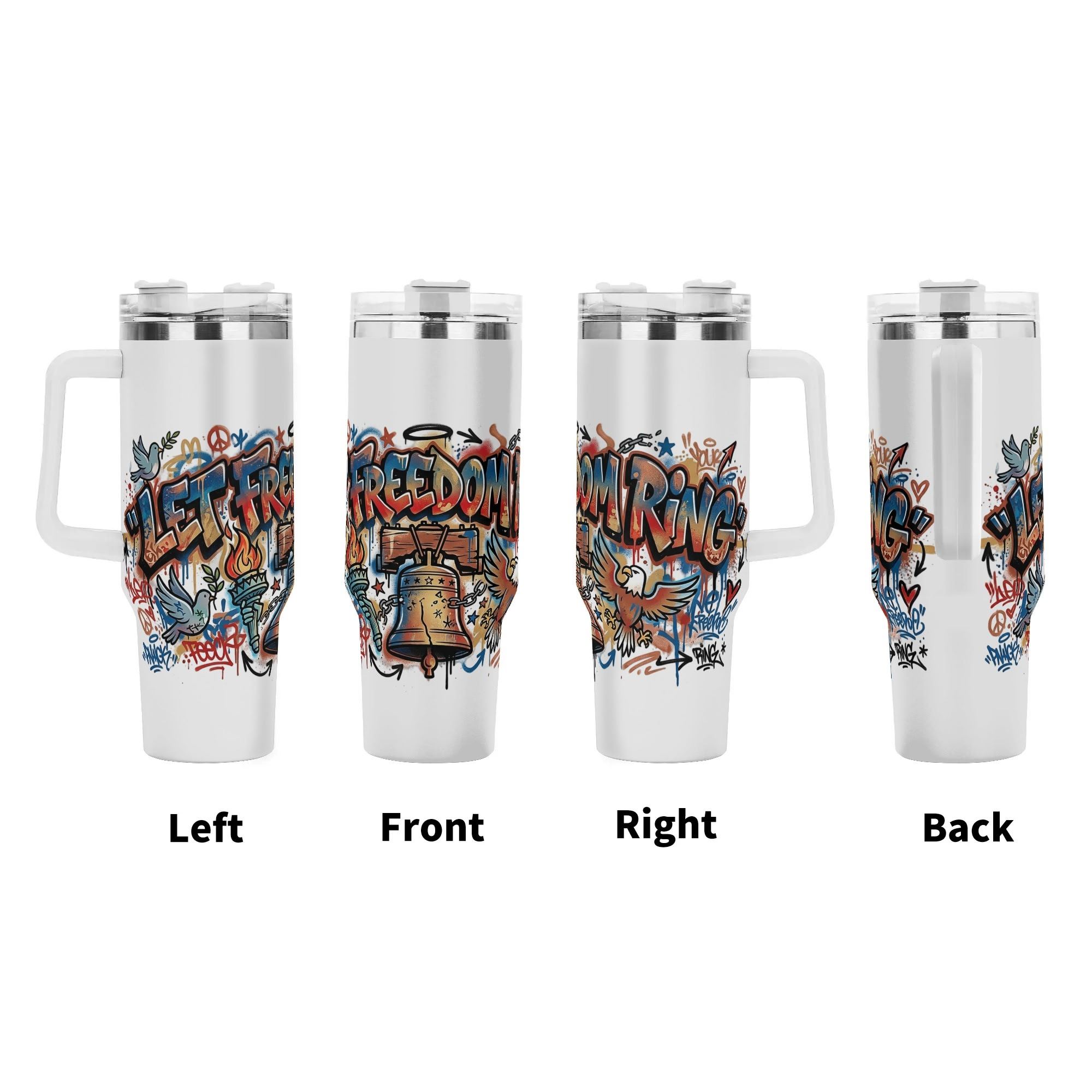 Four-side layout:All-around wrap print tumbler decorated with street art eagle, liberty bell, peace sign, torch and colorful splatter graffiti lettering