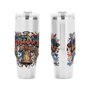 Front&back view:Dual side shot of multi-color graffiti Freedom themed insulated stainless steel tumbler
