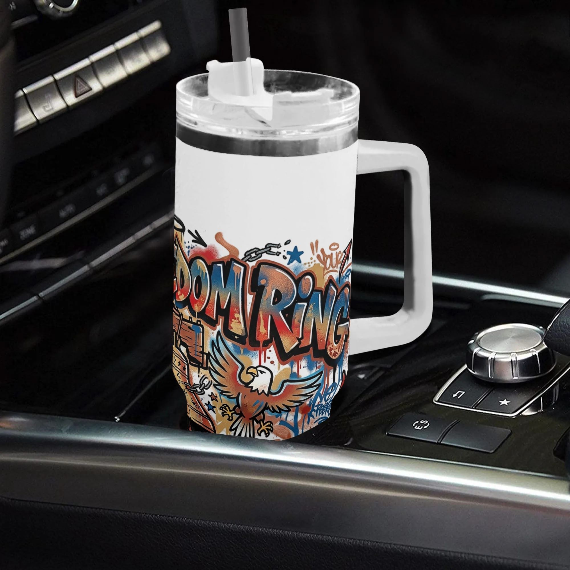 Car cup holder shot:40oz handled stainless steel tumbler with full-wrap urban graffiti Let Freedom Ring bald eagle Liberty Bell dove patriotic print, insulated portable travel mug