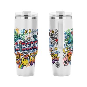 Front and back view of full-color graffiti-style Life Liberty Pursuit of Happiness patriotic insulated stainless steel tumbler