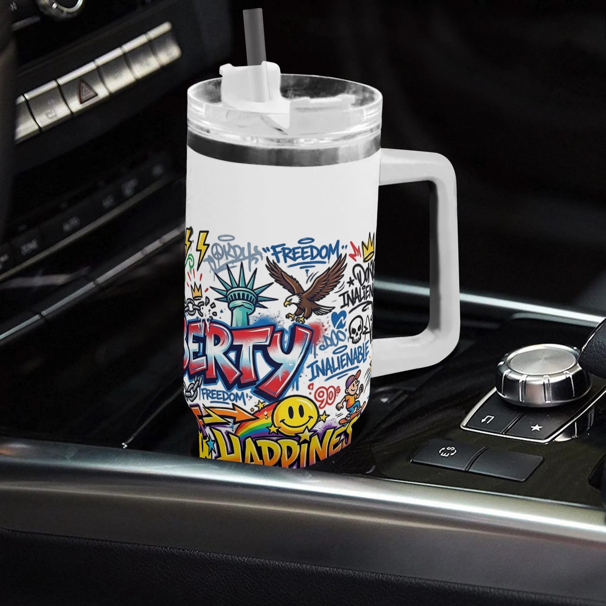 Colorful graffiti Life Liberty Pursuit of Happiness printed insulated tumbler placed inside car cup holder for daily driving use