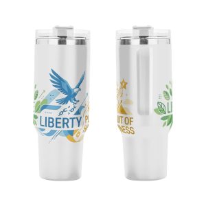 Front & back view geometric bald eagle green leaf patriotic full wrap printed 40oz insulated stainless steel tumbler with handle
