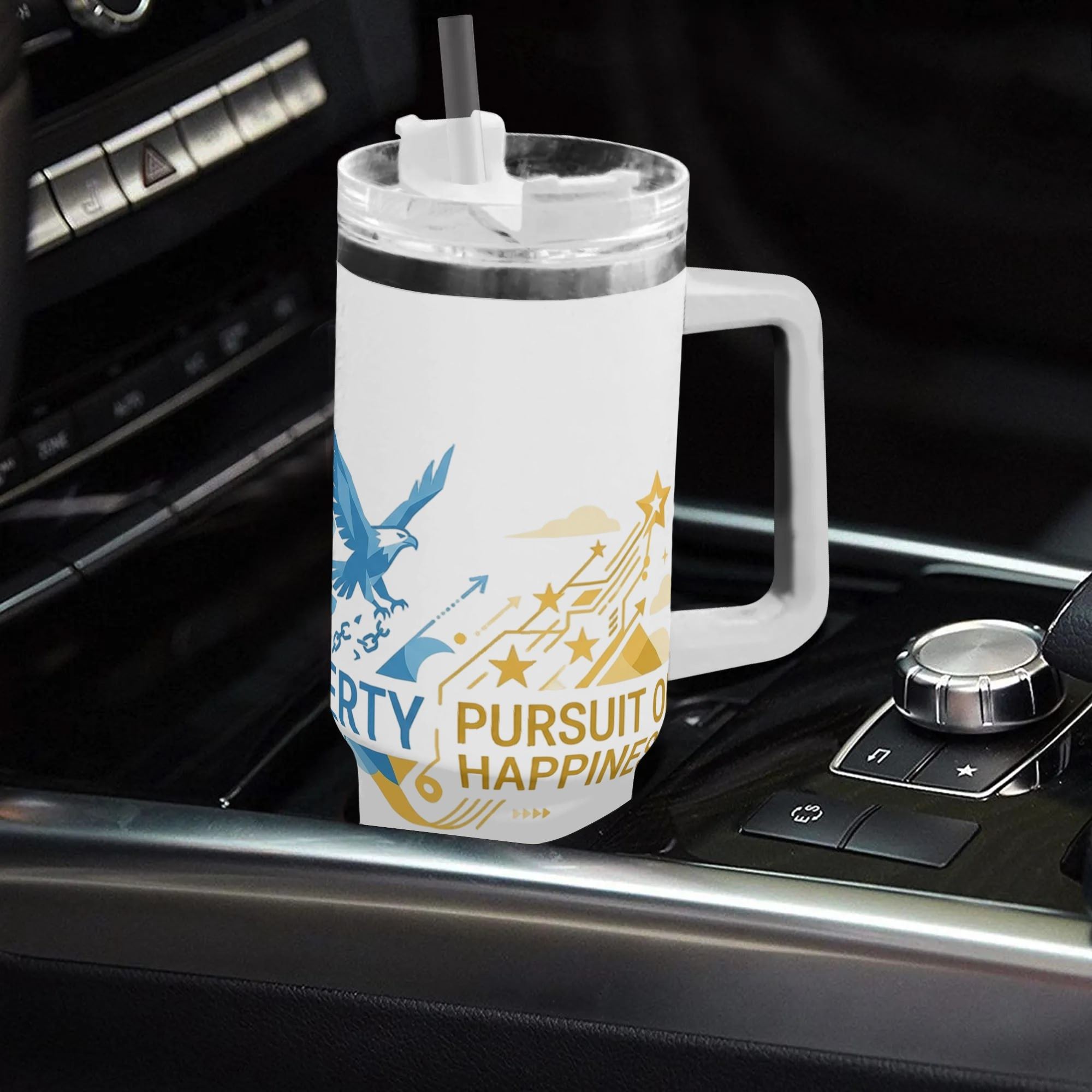 White 40oz handle stainless steel tumbler with Life Liberty Pursuit Of Happiness bald eagle patriotic wrap print, car cup holder fit insulated travel mug