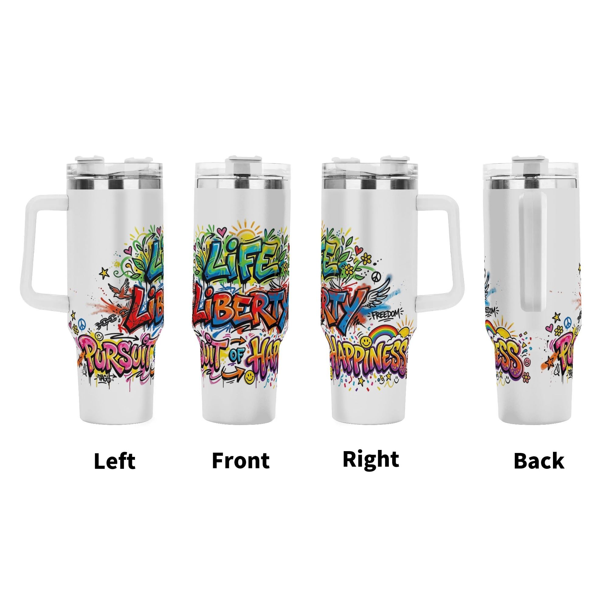 USA 250th Colorful Graffiti Peace Wing Rainbow Life Liberty Full Wrap Print 40oz Handled Tumbler | Double Wall Insulated - Image 3