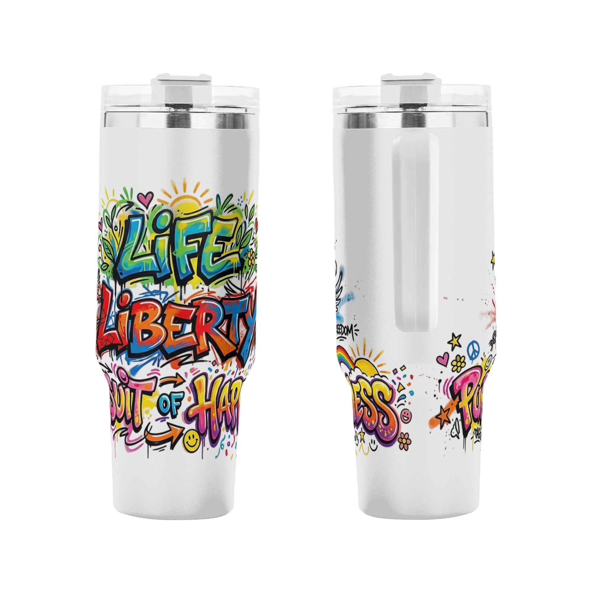 Front & back view vibrant graffiti peace sign wing rainbow patriotic full wrap printed 40oz insulated stainless steel travel tumbler with ergonomic handle