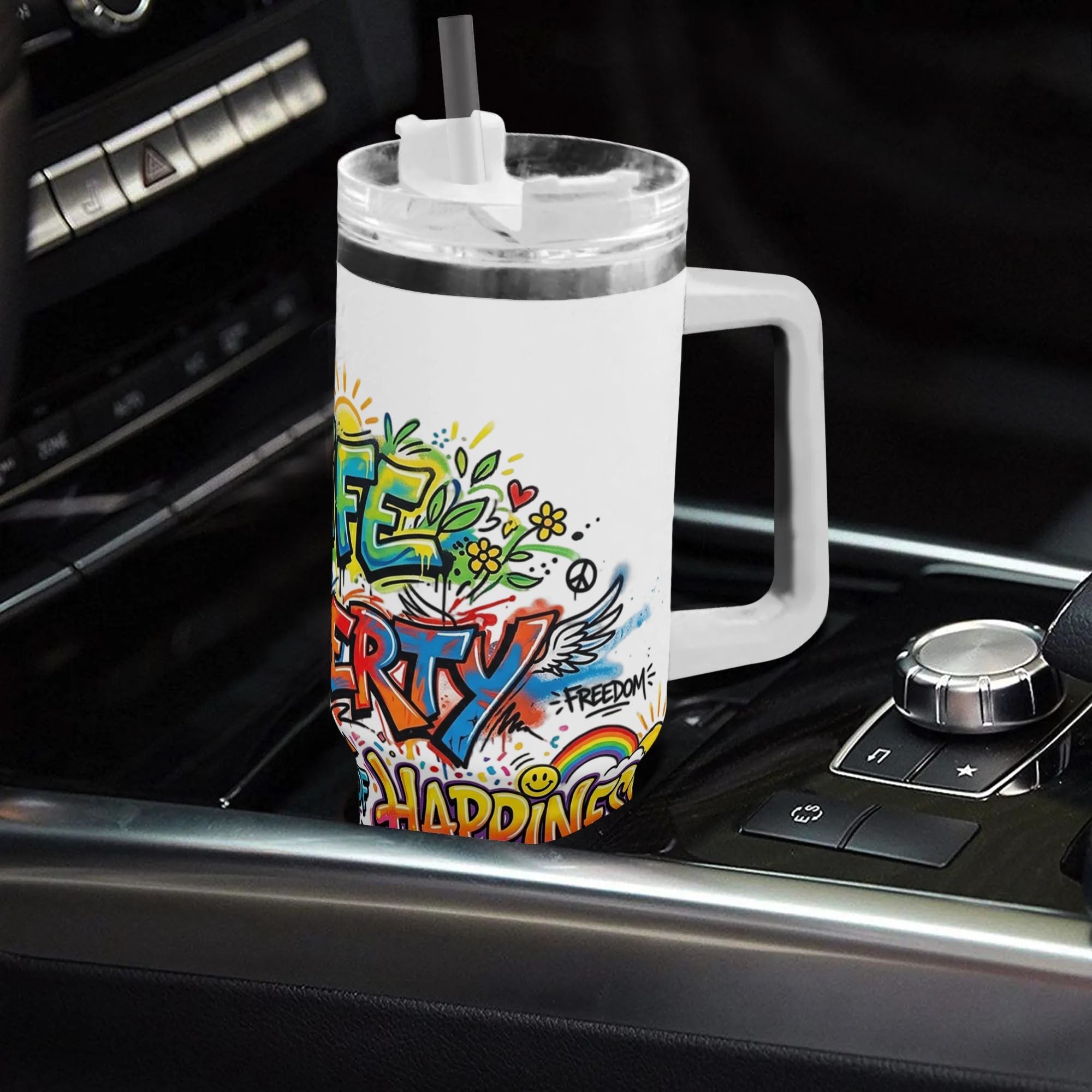 White 40oz handled stainless steel tumbler with colorful graffiti Life Liberty Pursuit Of Happiness full wrap print, car cup holder fit insulated travel mug with straw & splash lid