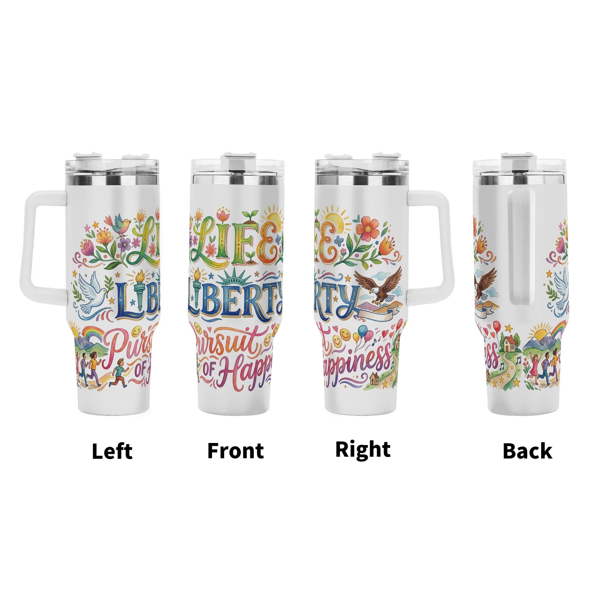 All-around watercolor artwork tumbler decorated with bald eagle, peace dove, flower & liberty torch, patriotic quote insulated travel mug