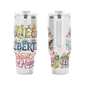 USA 250th Watercolor Floral Eagle Dove Life Liberty Full Wrap Print 40oz Handled Tumbler | Double Wall Insulated, Car Cup Friendly Travel Mug