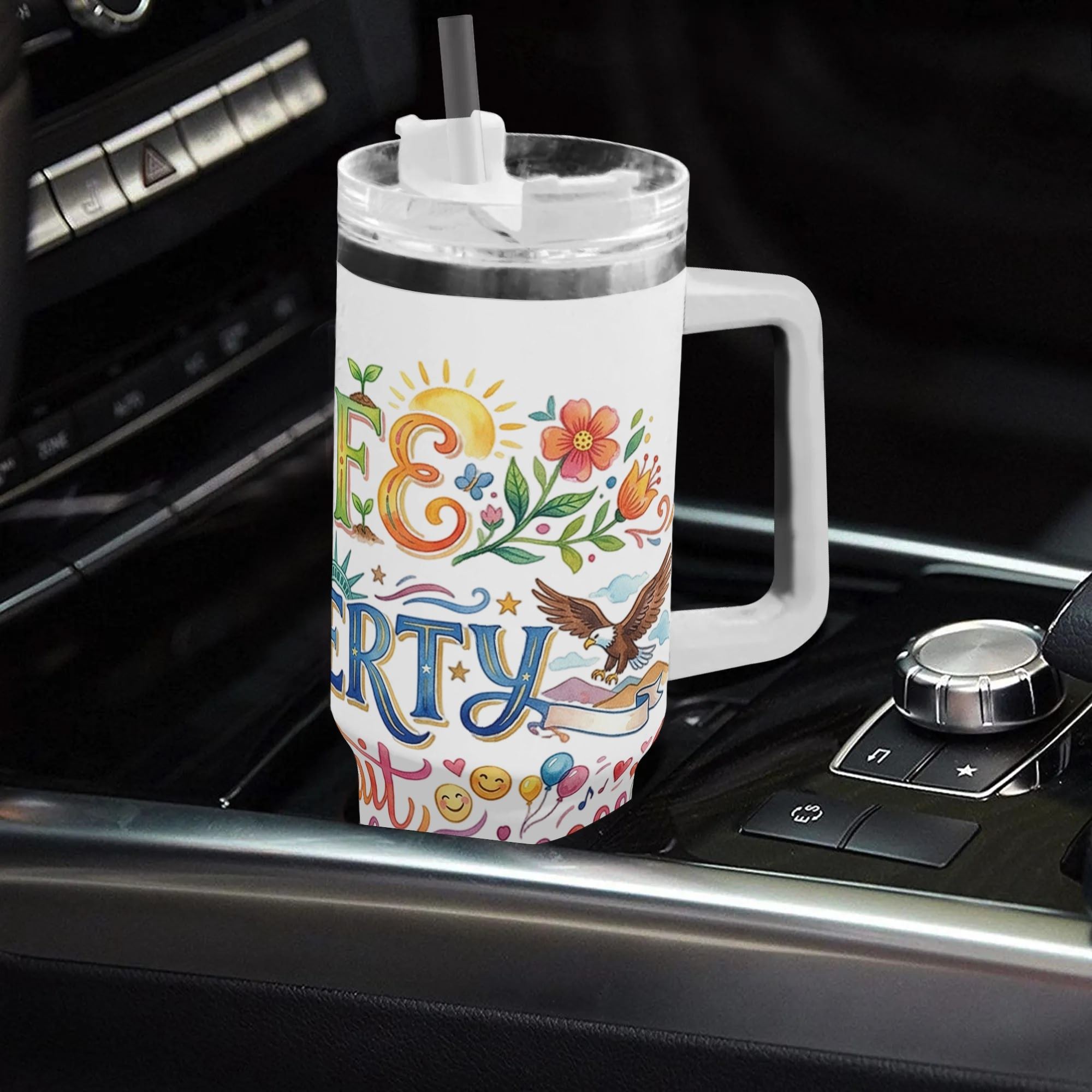 White 40oz handle stainless tumbler with full wrap watercolor Life Liberty Pursuit Of Happiness eagle floral dove print, car compatible insulated travel mug with lid & straw
