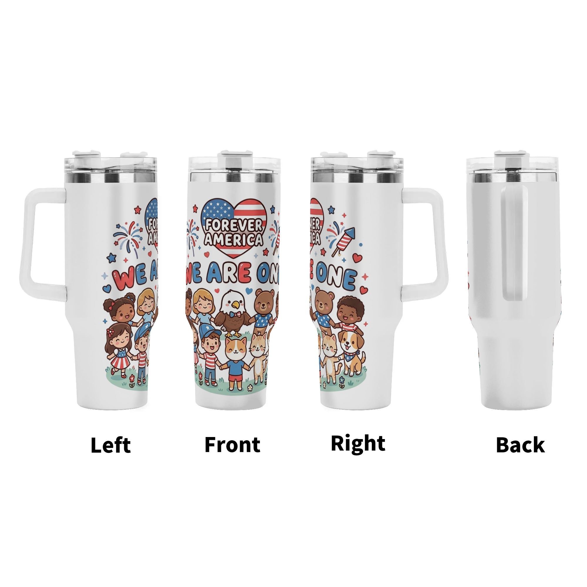 All-around cartoon patriotic print tumbler featuring diverse kids, bear, cat, dog, bald eagle, firework & US heart flag, Forever America themed insulated mug