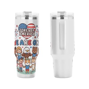 Full wrap cute cartoon “Forever America We Are One” patriotic printed 40oz stainless steel tumbler with ergonomic handle