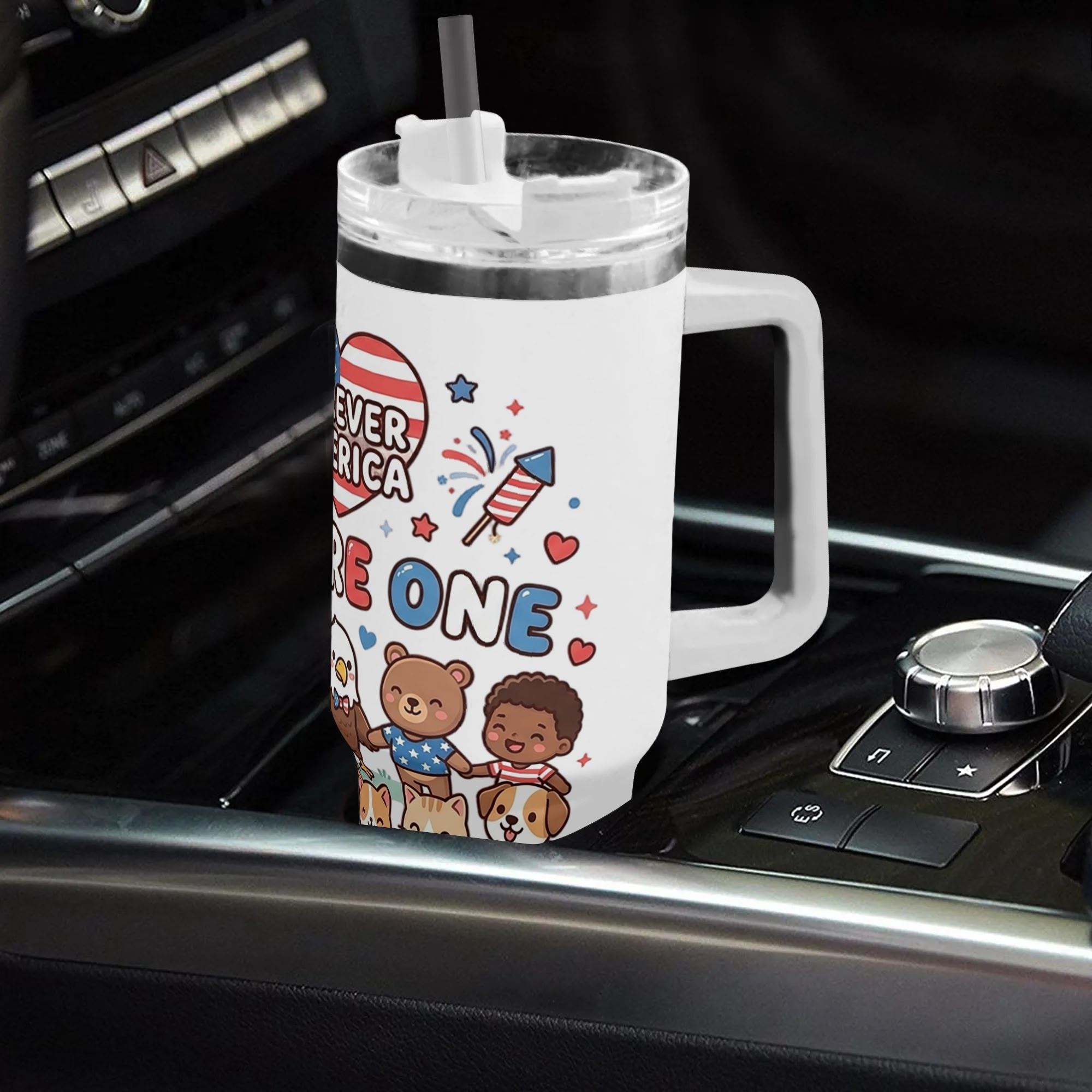White 40oz handled stainless steel tumbler with cute cartoon kids pets eagle USA heart flag full wrap print, car holder fit insulated travel mug with lid & straw