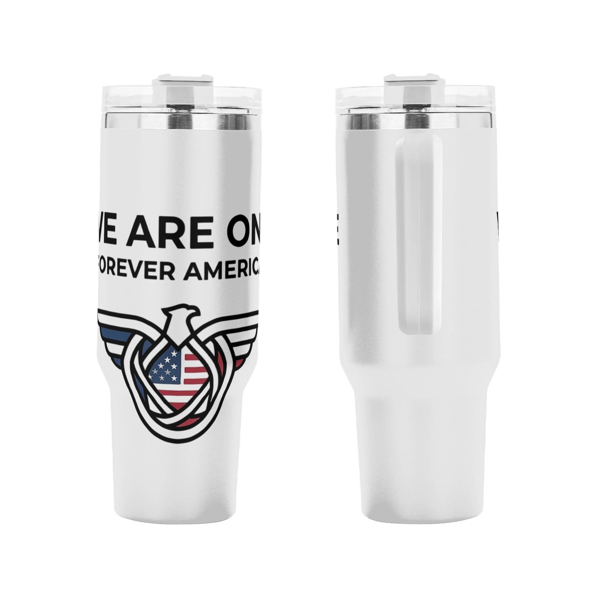 USA 250th Woven US Flag Bald Eagle We Are One America Full Wrap Print 40oz Handled Tumbler | Car Compatible Travel Coffee Mug