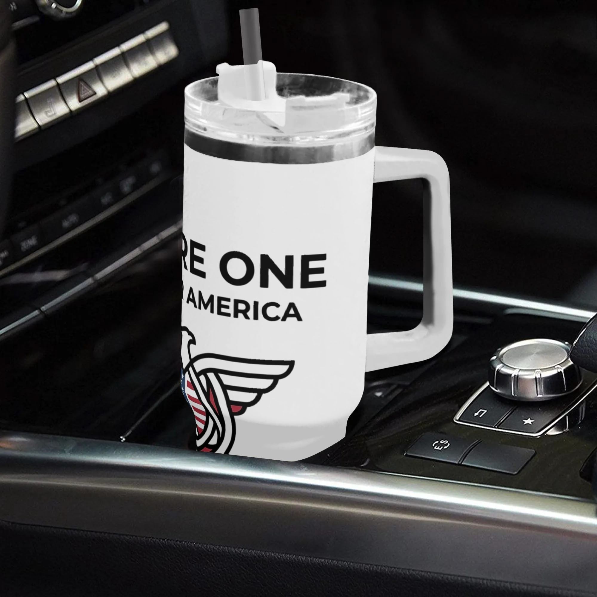White 40oz handled stainless steel tumbler with American flag woven bald eagle & We Are One America slogan wrap print, car cup holder fit insulated travel tumbler with lid and straw